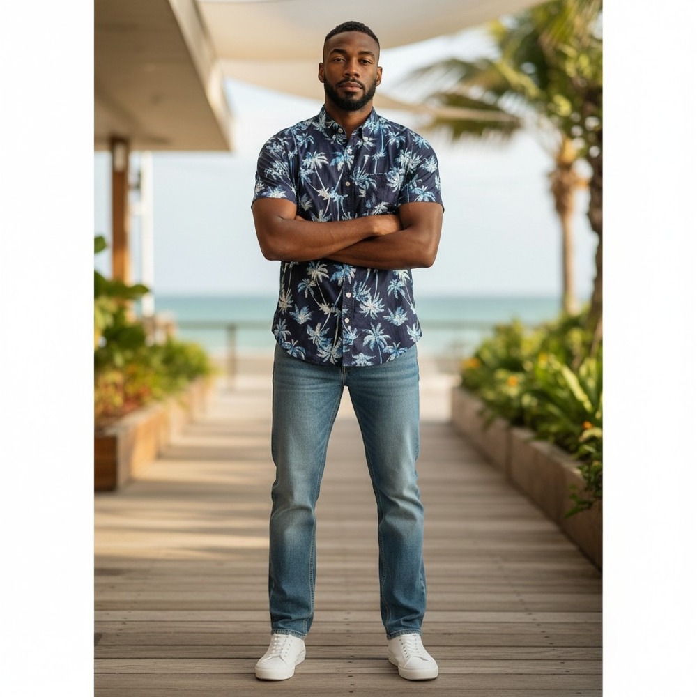 Trunks Surf & Swim Co Mens Large Navy Blue Palm Tree Short Sleeve Button Down